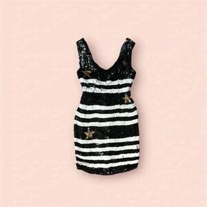 Vintage cache black and white sequins mini dress sleeveless size small